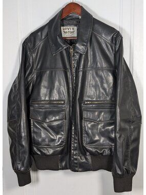 Levi's Faux Leather Bomber Jacket Black Full Zip Mens Size Large L GIII Flight